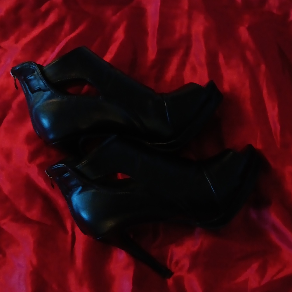 Black open toed high booties
